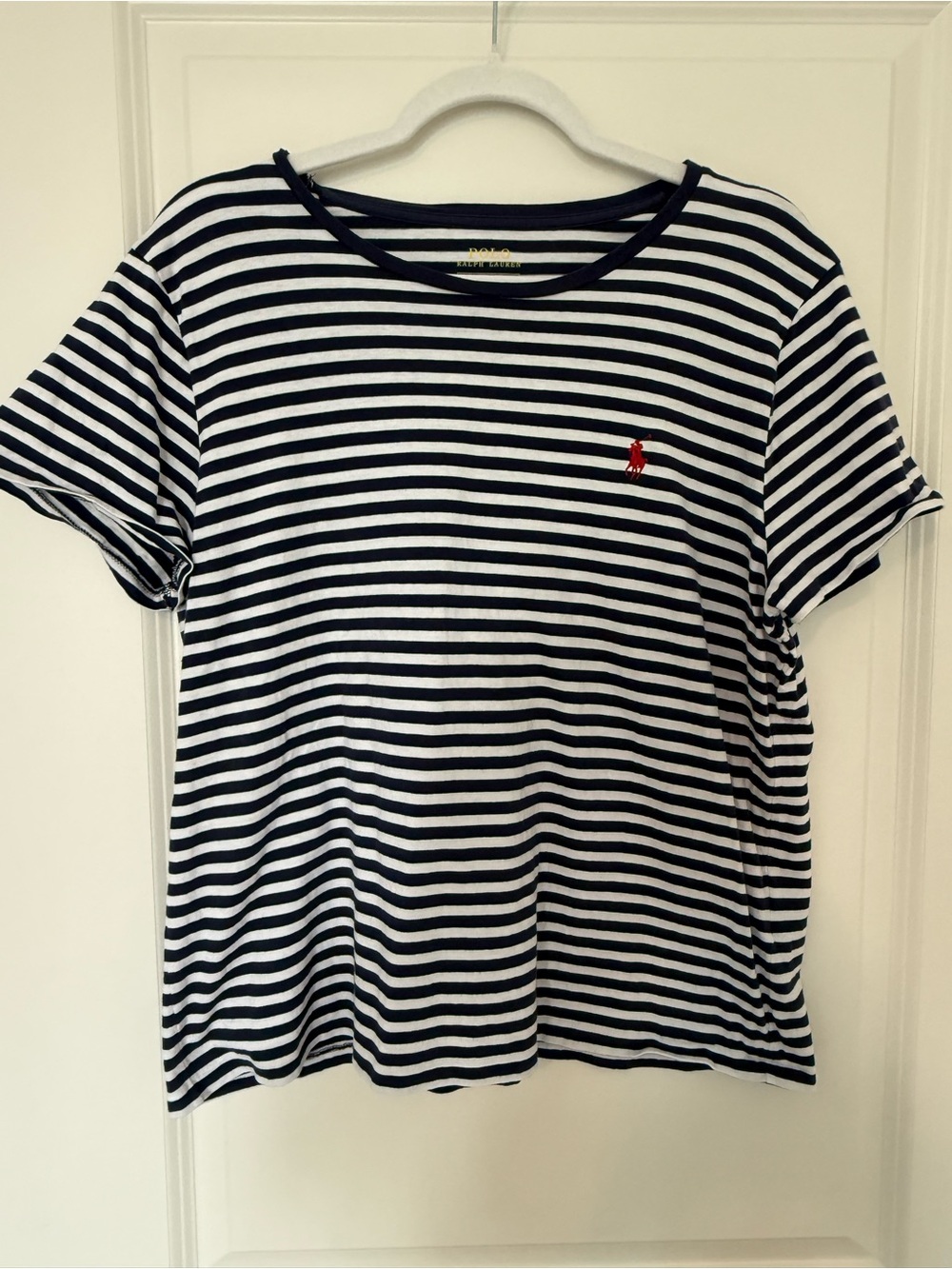 Ralph Lauren Navy & White Striped Tee with Red Pony